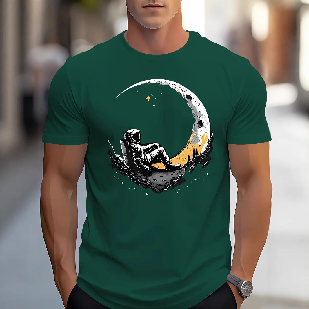 Men’s Astronaut Moon Graphic T-Shirt – Casual Short Sleeve Polyester Tee