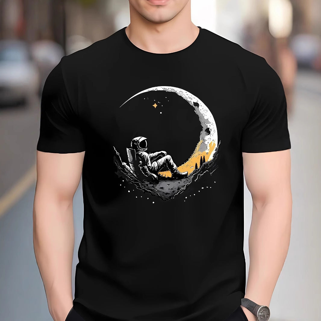 Men’s Astronaut Moon Graphic T-Shirt – Casual Short Sleeve Polyester Tee