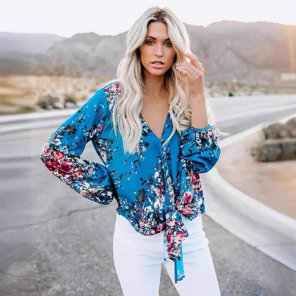 Women’s V-Neck Knotted Shirt – Long Sleeve Vintage Print Top, Casual Fashion Blouse