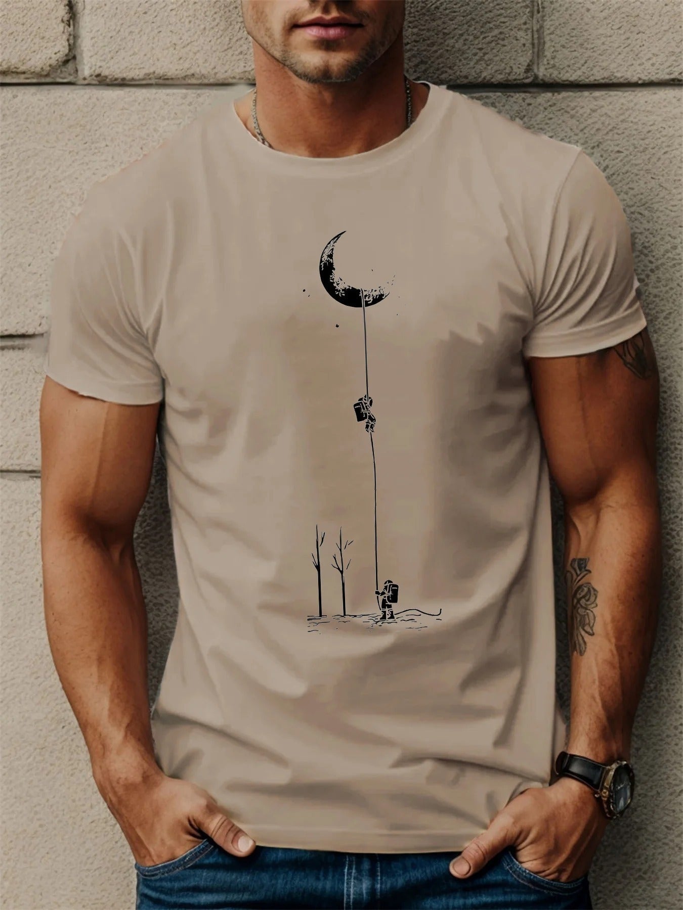 Men’s Astronaut Moon Graphic T-Shirt – Casual Short Sleeve Polyester Tee
