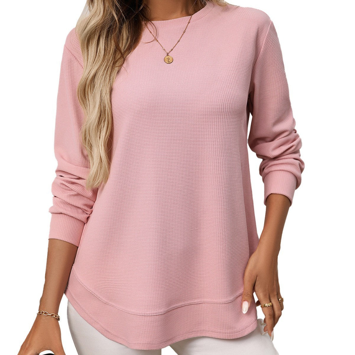 Women’s European & American Loose Waffle Knit Casual All-Match Long Sleeve T-Shirt