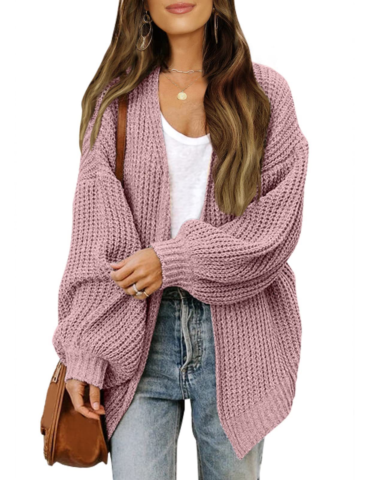 Women’s Lantern Sleeve Knit Cardigan – Casual Loose-Fit Sweater with Pockets for Fall