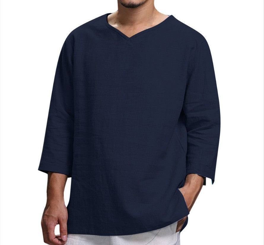 Men’s Loose Casual V-Neck Long Sleeve Shirt – Cotton & Linen Pullover Top