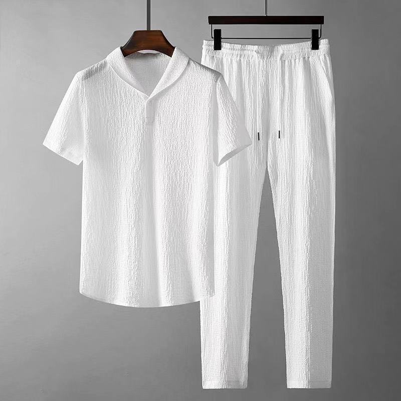 Men’s Summer Leisure Suit – Loose Short Sleeve Top & Drawstring Trousers Set