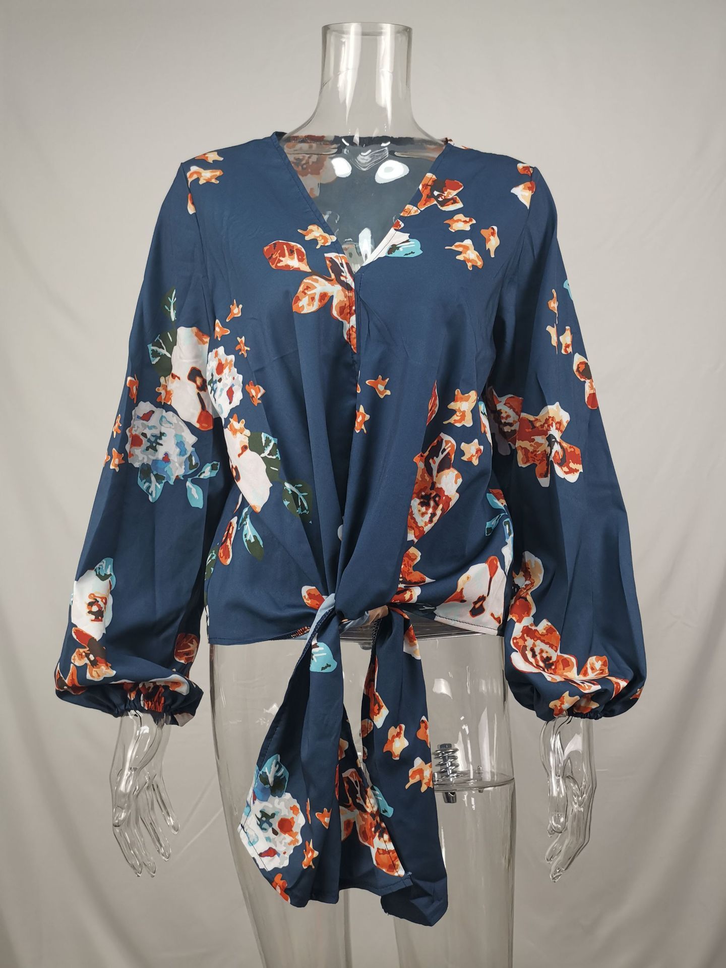 Women’s V-Neck Knotted Shirt – Long Sleeve Vintage Print Top, Casual Fashion Blouse