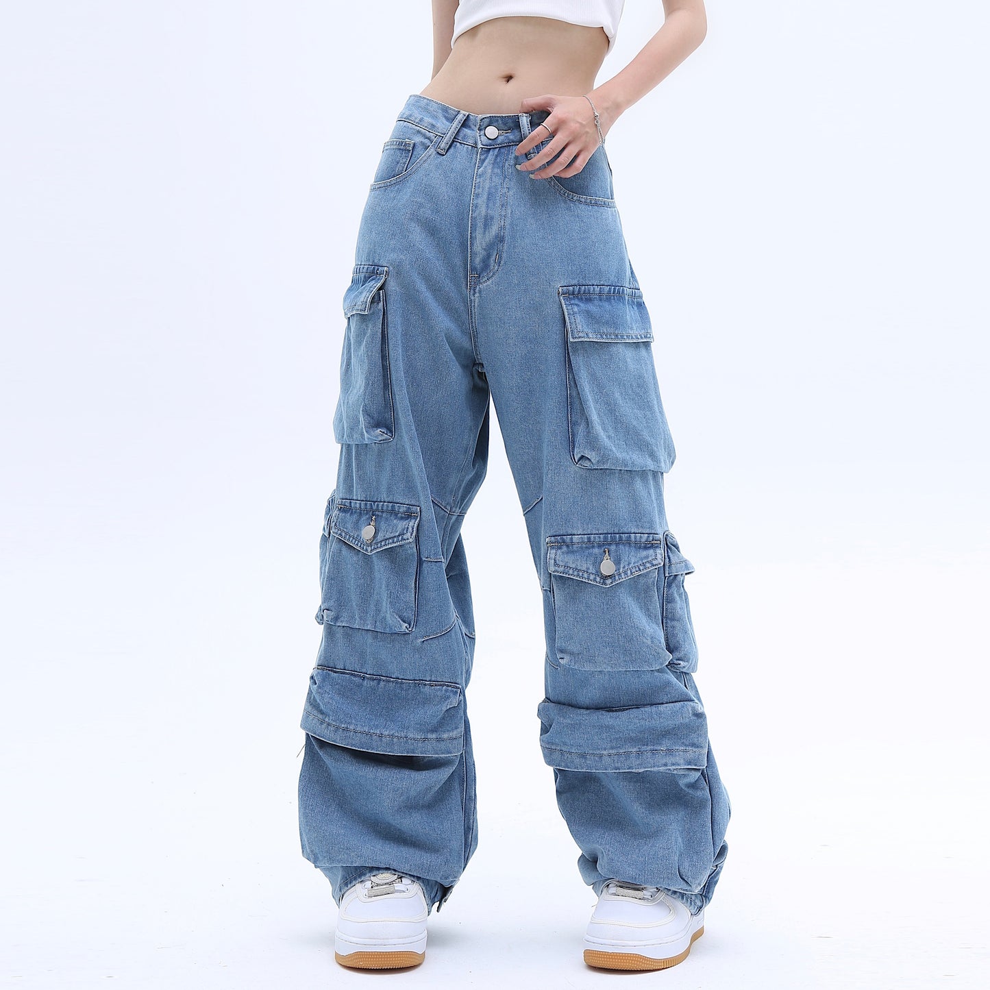 Women's Washed Baggy Jeans – Multi-Pocket High Street Style Denim Pants