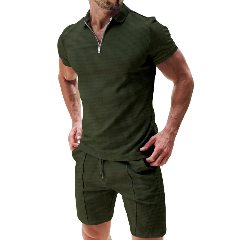 Men’s 2-Piece Casual Waffle Knit Summer Set – Zipper Lapel Short Sleeve Top & Drawstring Shorts