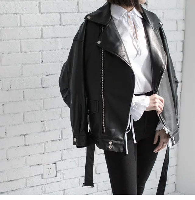 Women's Faux Leather Motorcycle Jacket – Biker-Style Outerwear for Students & Casual Streetwear