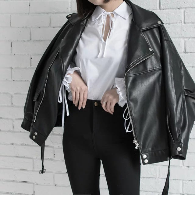 Women's Faux Leather Motorcycle Jacket – Biker-Style Outerwear for Students & Casual Streetwear