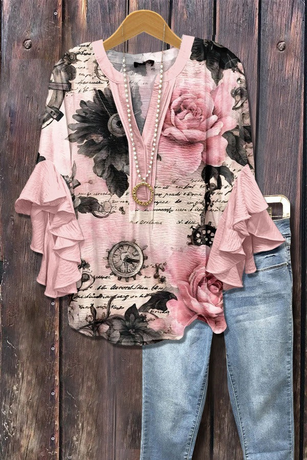 Women’s Creative Printed V-Neck T-Shirt – Casual Lotus Sleeve Top