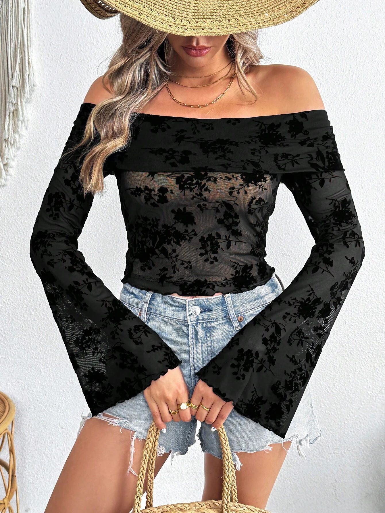 Women’s European & American Mesh Flocking Floral Print Off-Shoulder Slim T-Shirt with Flared Sleeves