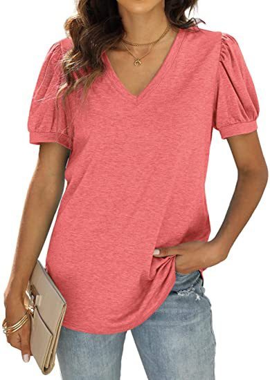 Women’s European & American Summer Casual V-Neck Puff Sleeve Loose Solid Color T-Shirt