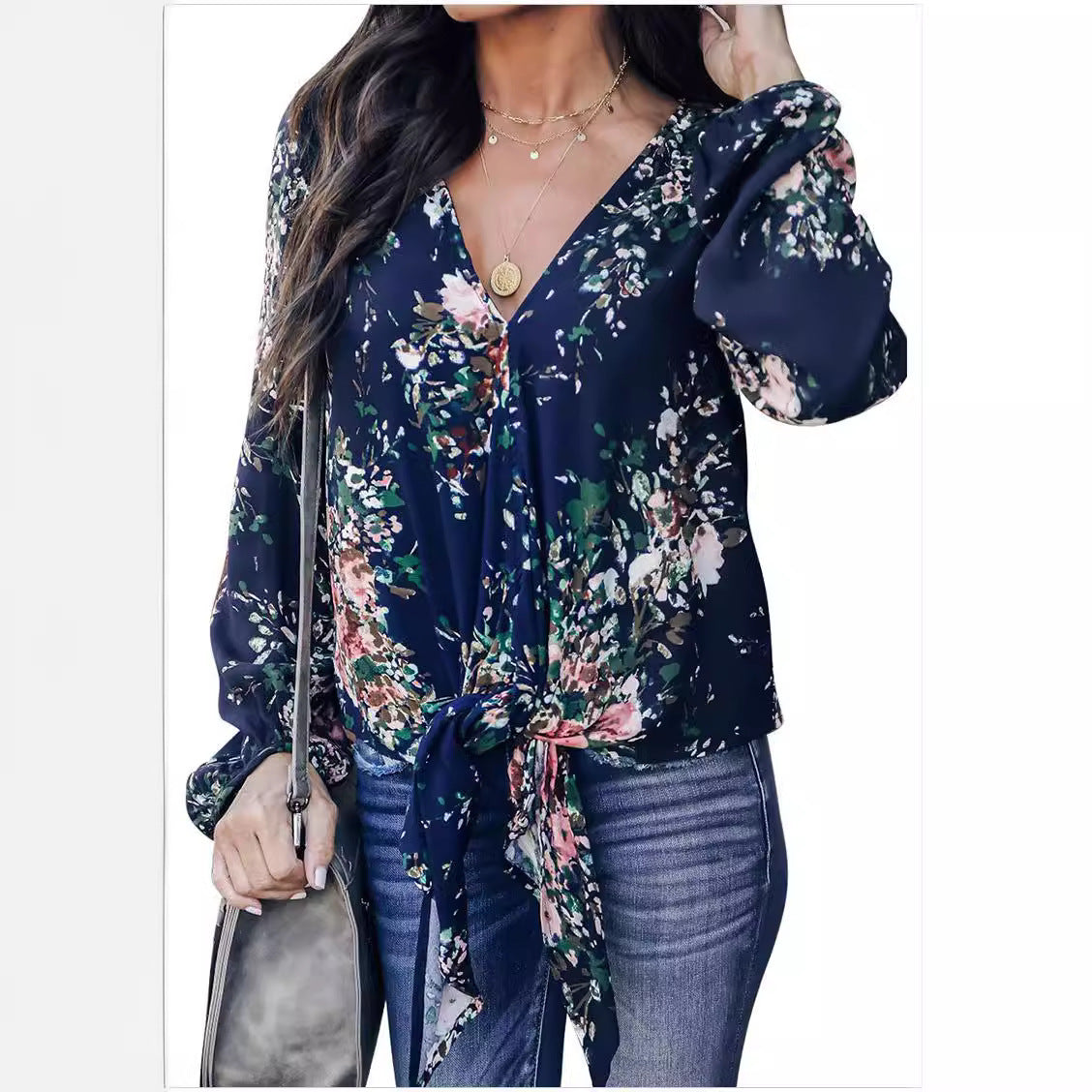 Women’s V-Neck Knotted Shirt – Long Sleeve Vintage Print Top, Casual Fashion Blouse
