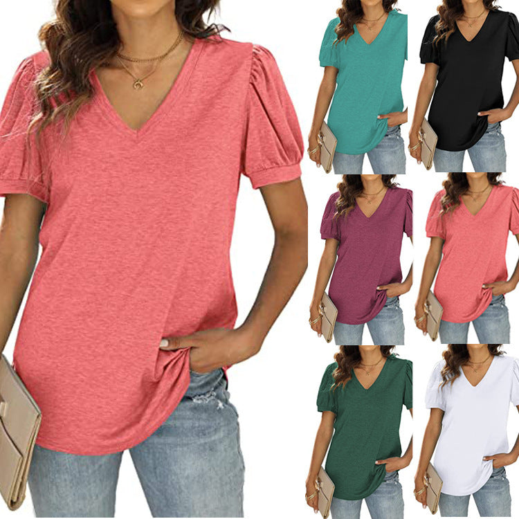 Women’s European & American Summer Casual V-Neck Puff Sleeve Loose Solid Color T-Shirt