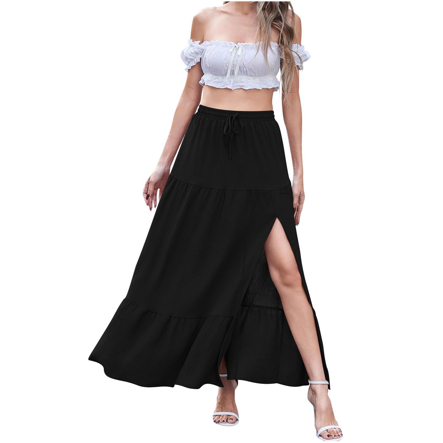 Women’s Bohemian Solid Color Skirt – Side Slit A-Line Casual Midi Skirt