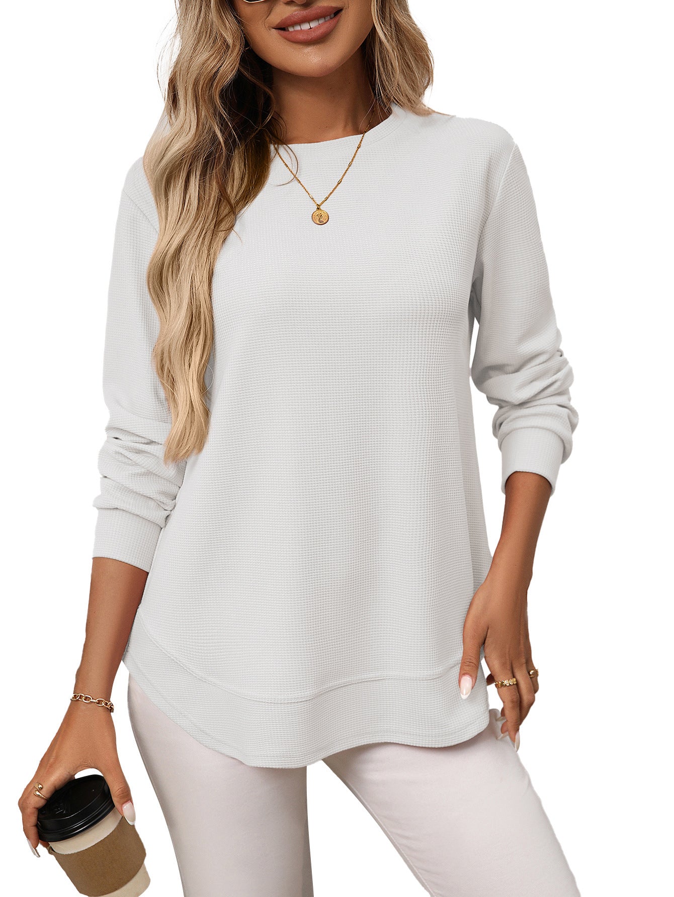 Women’s European & American Loose Waffle Knit Casual All-Match Long Sleeve T-Shirt