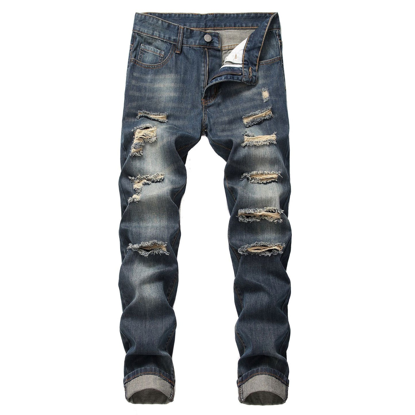 Men’s Ripped Straight-Leg Slim Fit Jeans – Non-Stretch Distressed Denim Pants