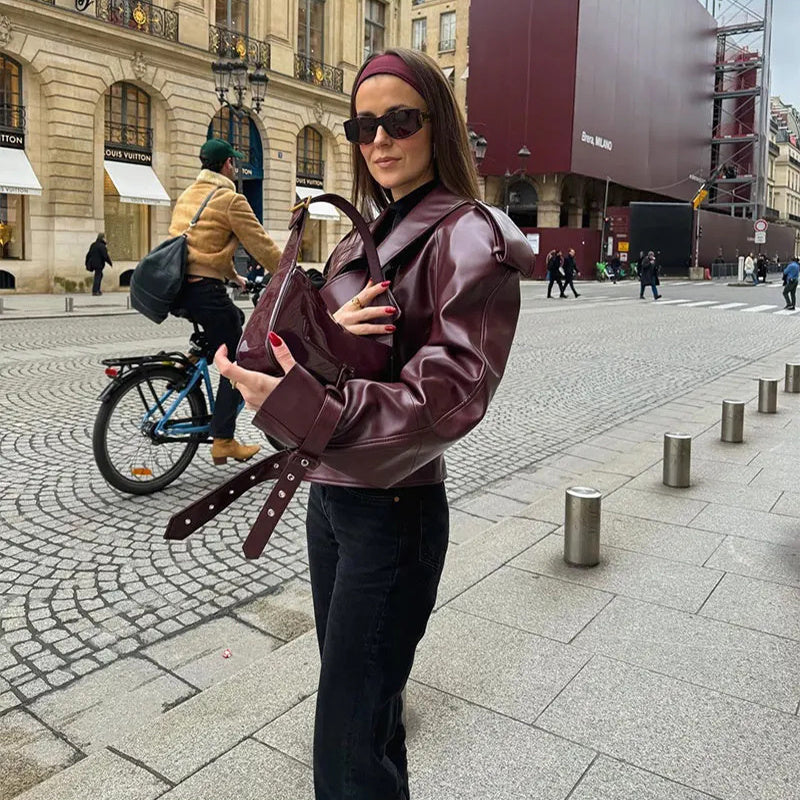 Women’s Cropped Loose Lapel Leather Jacket – Trendy Streetwear Outerwear