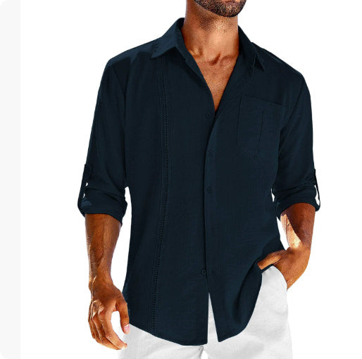 Men’s Casual Long Sleeve Polo Shirt – Solid Color Button-Up with Chest Pocket & Lace Detail