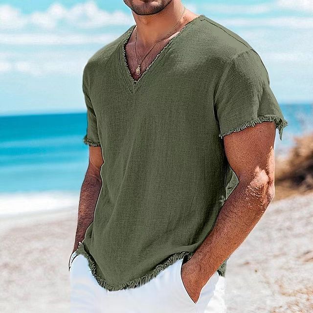 Men’s Cotton-Linen Solid Color Short Sleeve Shirt – Lightweight Summer Top