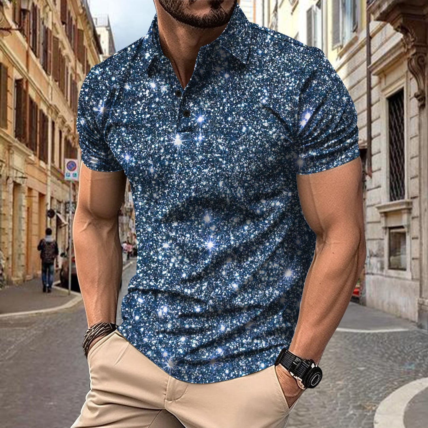 Men’s Digital Print Polo Shirt – Button Up Streetwear Casual T-Shirt