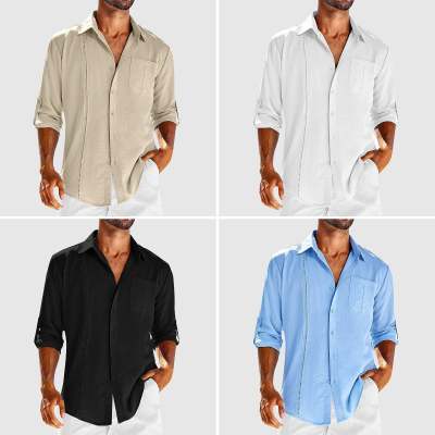 Men’s Casual Long Sleeve Polo Shirt – Solid Color Button-Up with Chest Pocket & Lace Detail