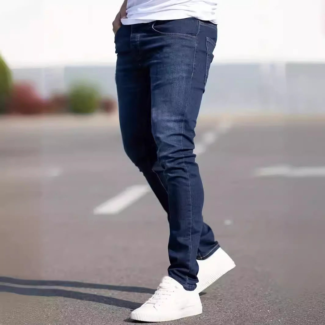 Men’s European & American Slim Fit Distressed Casual Jeans – Trendy Worn Denim Pants