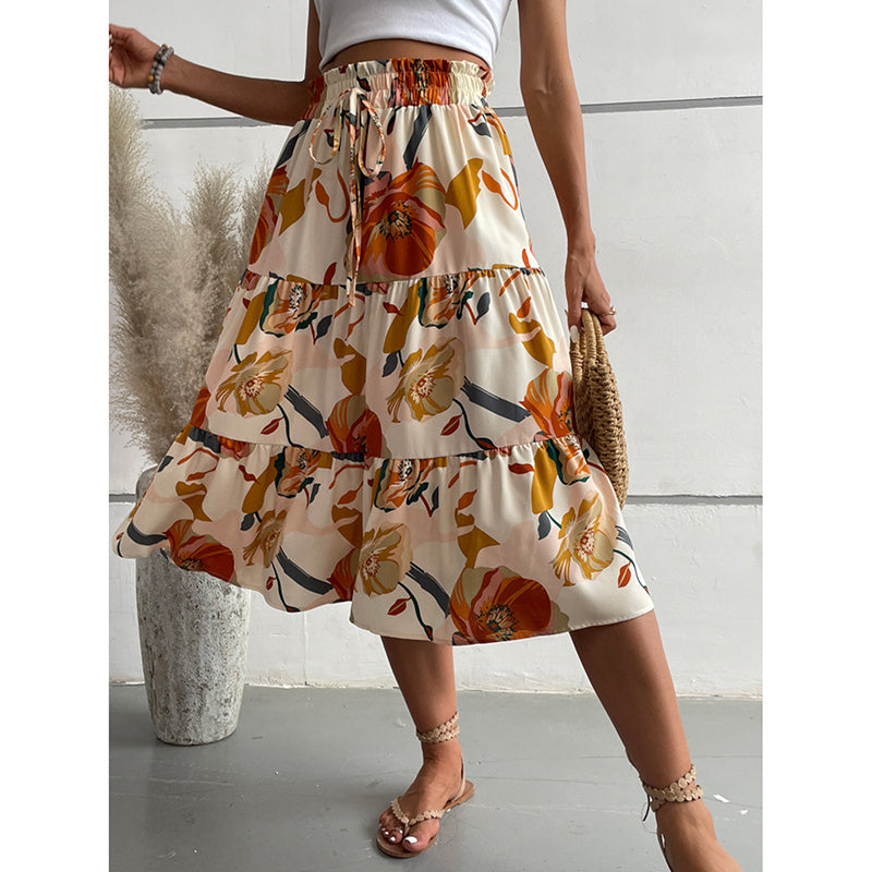 Women’s Floral Tiered Midi Skirt – Elastic Waist A-Line Boho Casual Dressy Skirt