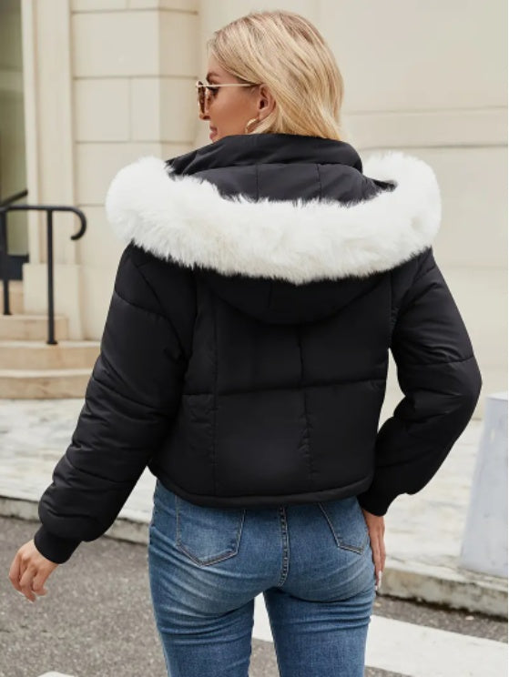 Women’s Mint Green Puffer Jacket – Chic Hooded Coat with Faux Fur Trim