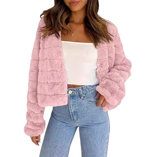Women’s Faux Fur Cardigan – Long Sleeve Front Open Short Coat, Cozy Winter Outerwear