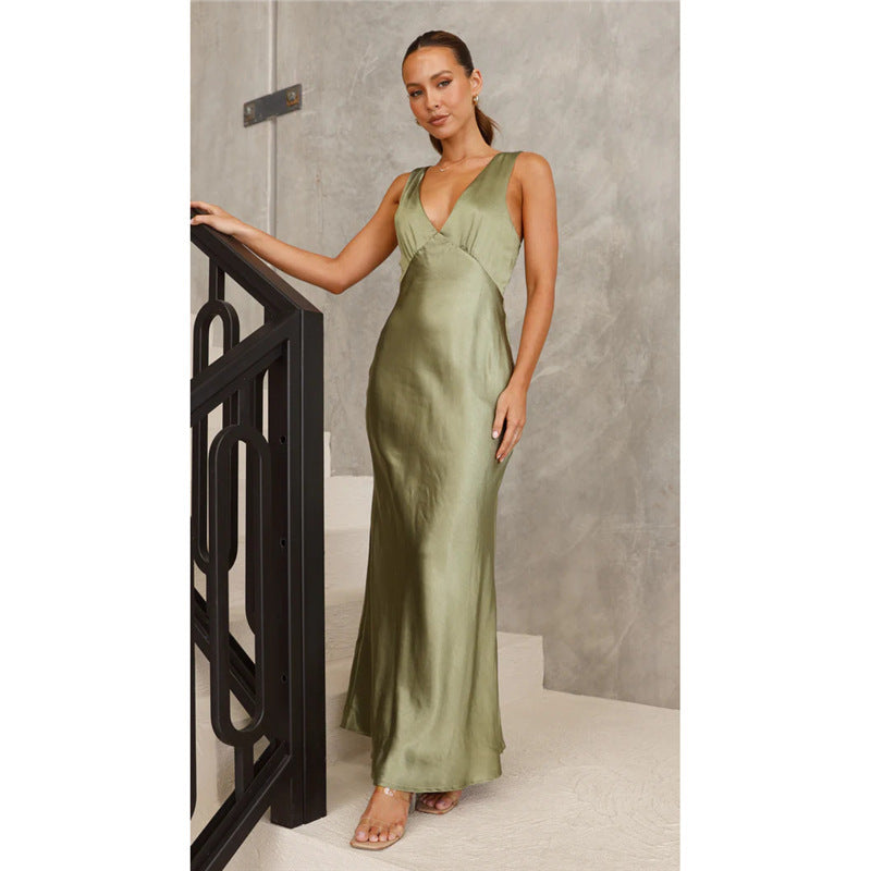 Women’s Solid Color V-Neck Slim Fit Dress – Elegant Casual & Formal Wear