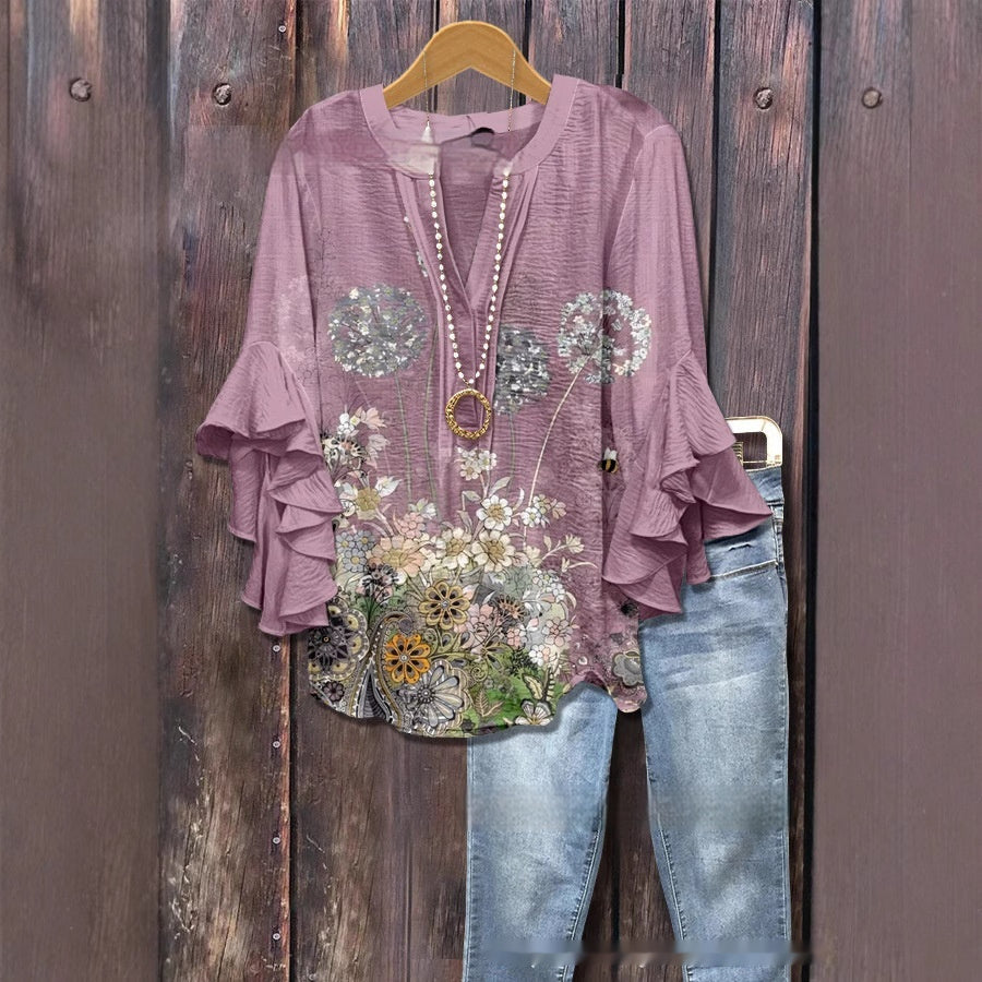 Women’s Creative Printed V-Neck T-Shirt – Casual Lotus Sleeve Top