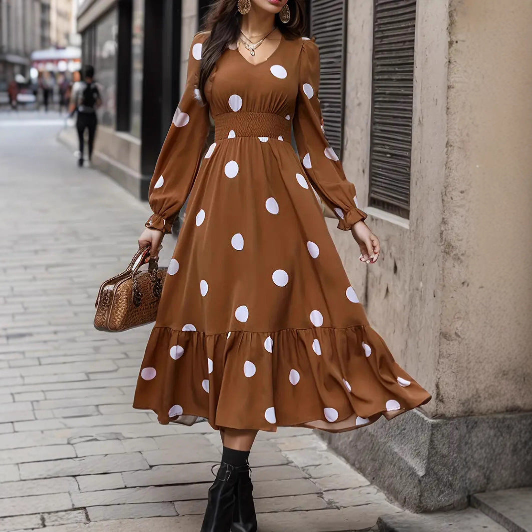Women’s V-Neck Ruffle Hem Dress – Long Sleeve Elegant Casual Mini Dress