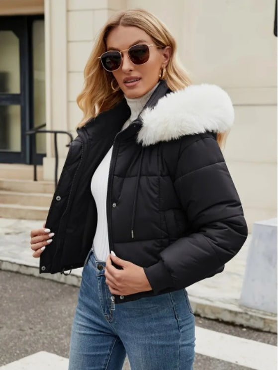 Women’s Mint Green Puffer Jacket – Chic Hooded Coat with Faux Fur Trim