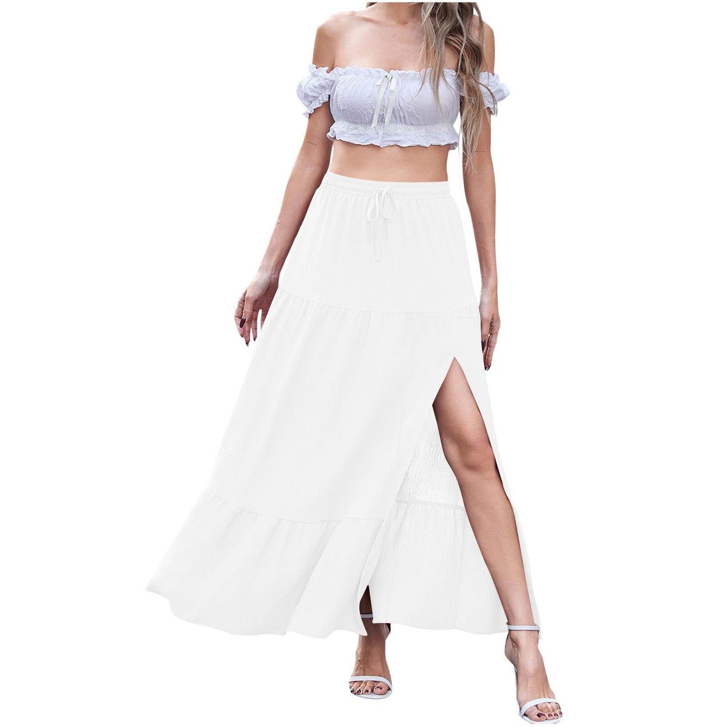 Women’s Bohemian Solid Color Skirt – Side Slit A-Line Casual Midi Skirt