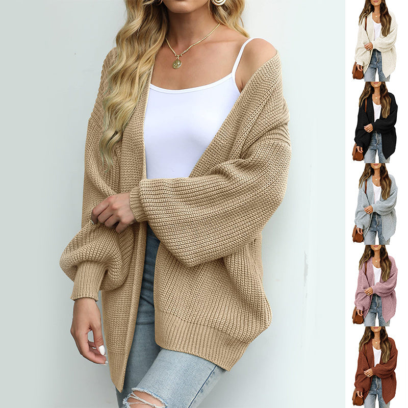 Women’s Lantern Sleeve Knit Cardigan – Casual Loose-Fit Sweater with Pockets for Fall