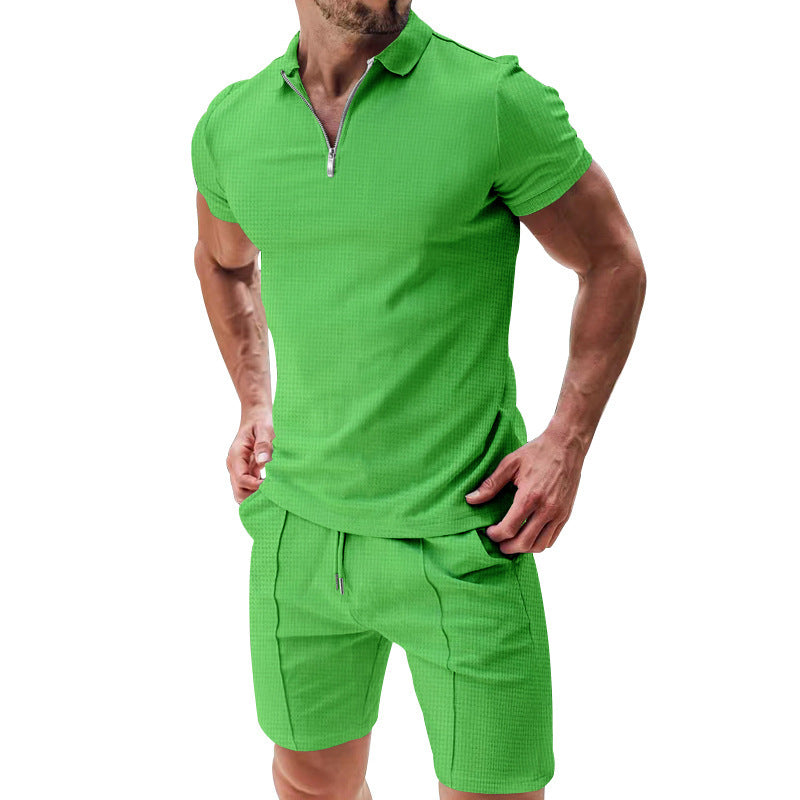 Men’s 2-Piece Casual Waffle Knit Summer Set – Zipper Lapel Short Sleeve Top & Drawstring Shorts