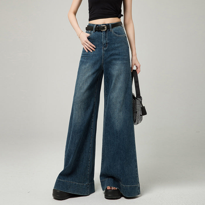 Women’s Dark Blue High-Waist Wide-Leg Pants – Korean Style Loose Fit with Raw Hem