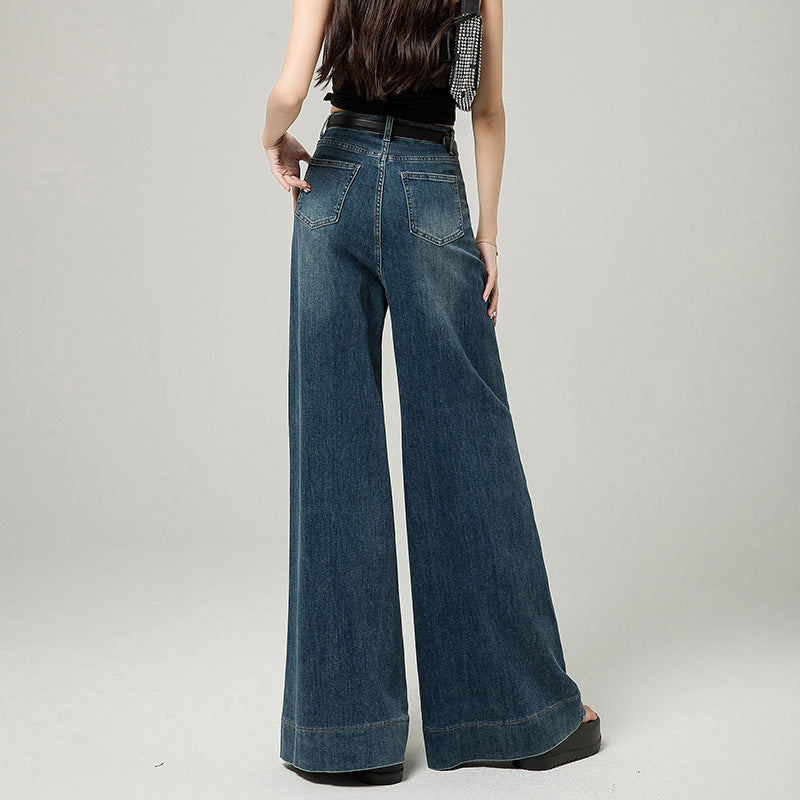 Women’s Dark Blue High-Waist Wide-Leg Pants – Korean Style Loose Fit with Raw Hem