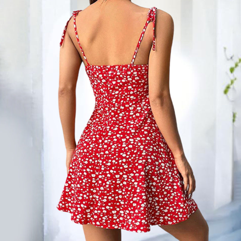 Women’s Floral Boho Mini Dress – Spaghetti Strap Ruffle Summer Dress with Tie Shoulders