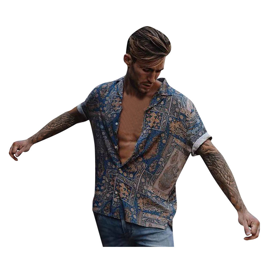 Tropical Beach Print Shirt – Short Sleeve Casual Vacation Wear for Men
