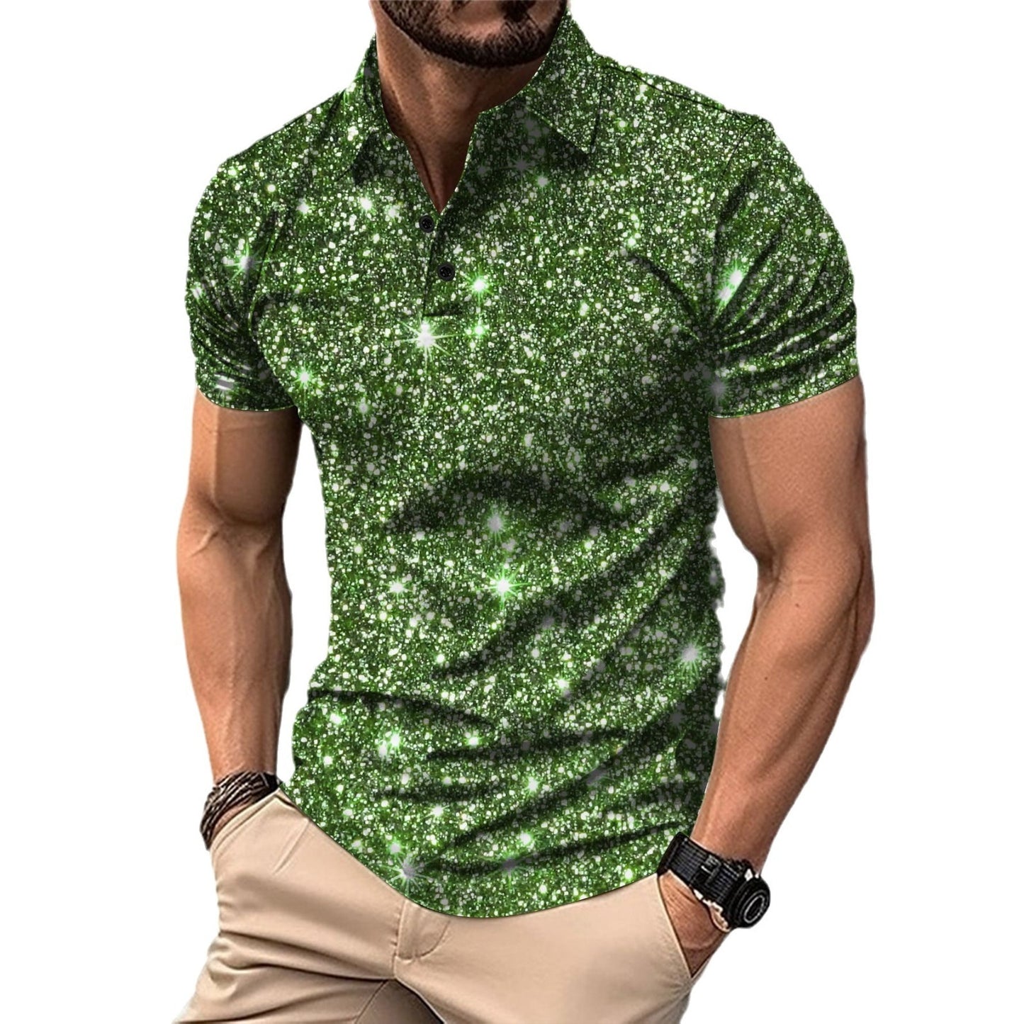 Men’s Digital Print Polo Shirt – Button Up Streetwear Casual T-Shirt