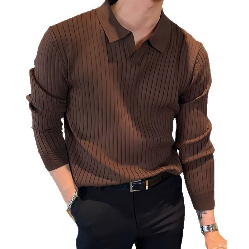 Men’s Knitted Long-Sleeve Lapel T-Shirt – Casual Stylish Pullover