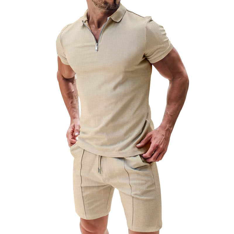 Men’s 2-Piece Casual Waffle Knit Summer Set – Zipper Lapel Short Sleeve Top & Drawstring Shorts