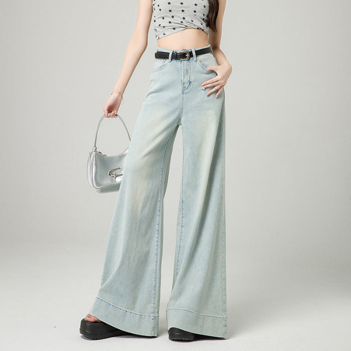Women’s Dark Blue High-Waist Wide-Leg Pants – Korean Style Loose Fit with Raw Hem
