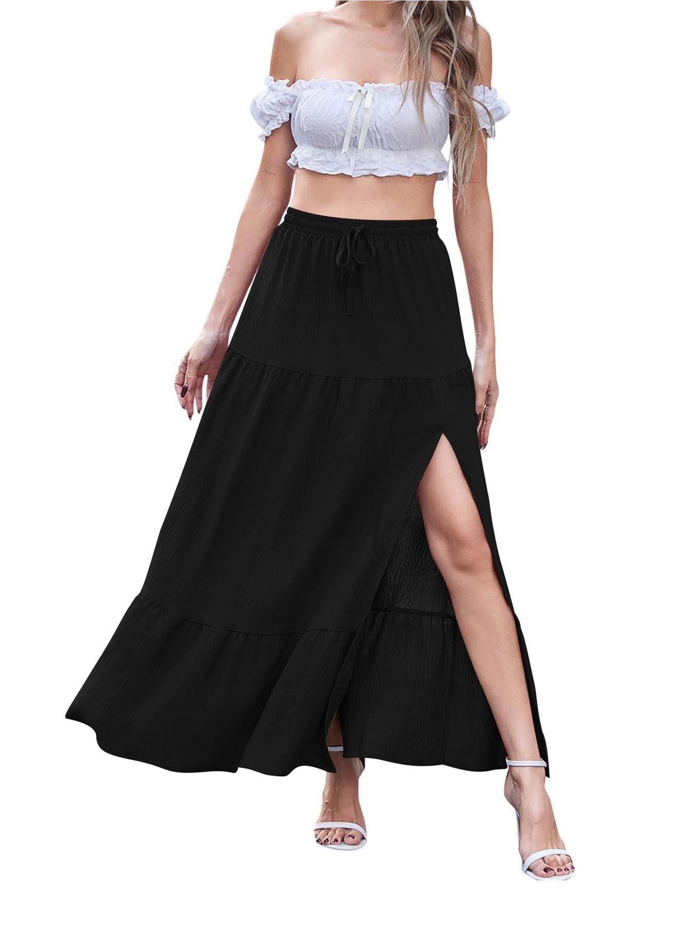 Women’s Bohemian Solid Color Skirt – Side Slit A-Line Casual Midi Skirt