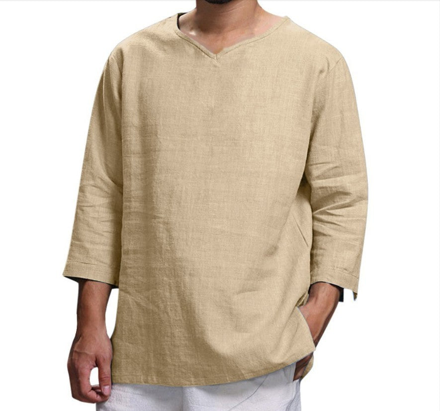 Men’s Loose Casual V-Neck Long Sleeve Shirt – Cotton & Linen Pullover Top