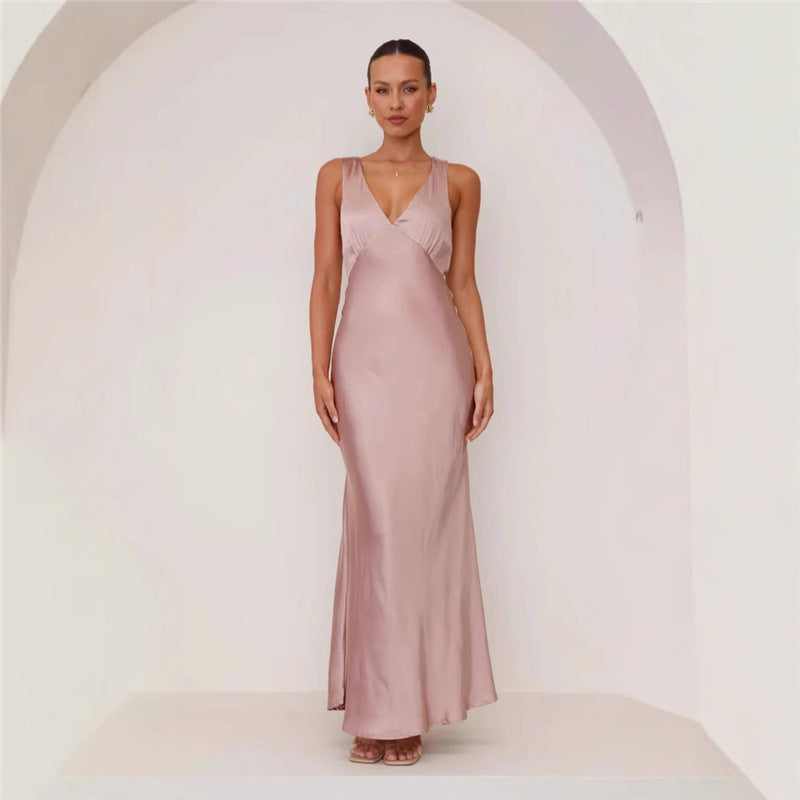 Women’s Solid Color V-Neck Slim Fit Dress – Elegant Casual & Formal Wear