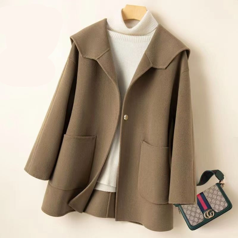 Women’s Reversible Cashmere Coat – Plus Size Loose Fit Jacket with Sailor Collar