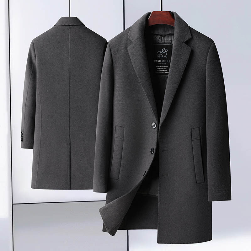 Men’s Handmade Wool Coat – Mid-Length Suit Collar Overcoat with Removable Goose Down Liner